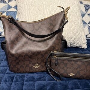 Coach Brown Signature Shoulder Bag and Wristlet